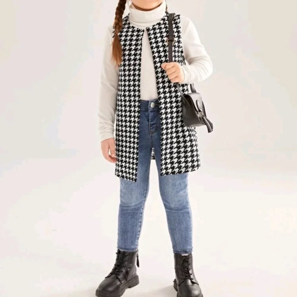SHEIN Young Girl Houndstooth Print Open Front Vest Coat